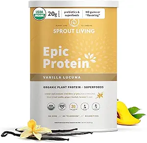 Sprout Living Epic Protein, Plant Based Protein & Superfoods Powder, Vanilla Lucuma Powder | 20 Grams Organic Protein Powder, Vegan, Non Dairy, Non-GMO, Gluten Free, Low Sugar (2 Pound, 24 Servings)