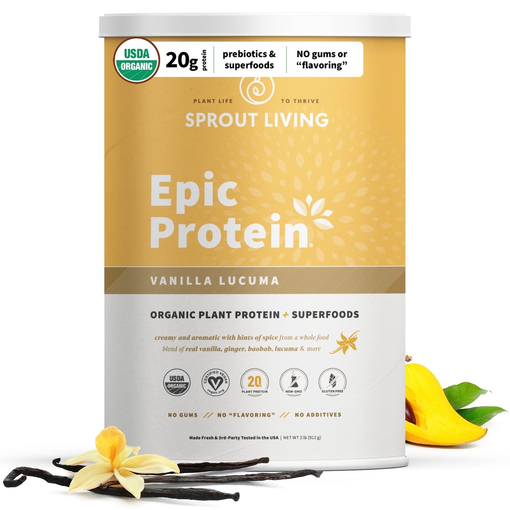 Sprut Living Epic Protein, Πρωτεΐνες & Superfoods με βάση φυτά σε σκόνη, σκόνη Vanilla Lucuma 20 γραμμάρια οργανική πρωτεΐνη σε σκόνη, Vegan, μη γαλακτοκομικά, μη ΓΤΟ, χωρίς γλουτένη, χαμηλή ζάχαρη (2 Λίρες, 24 σερβίτσια)
