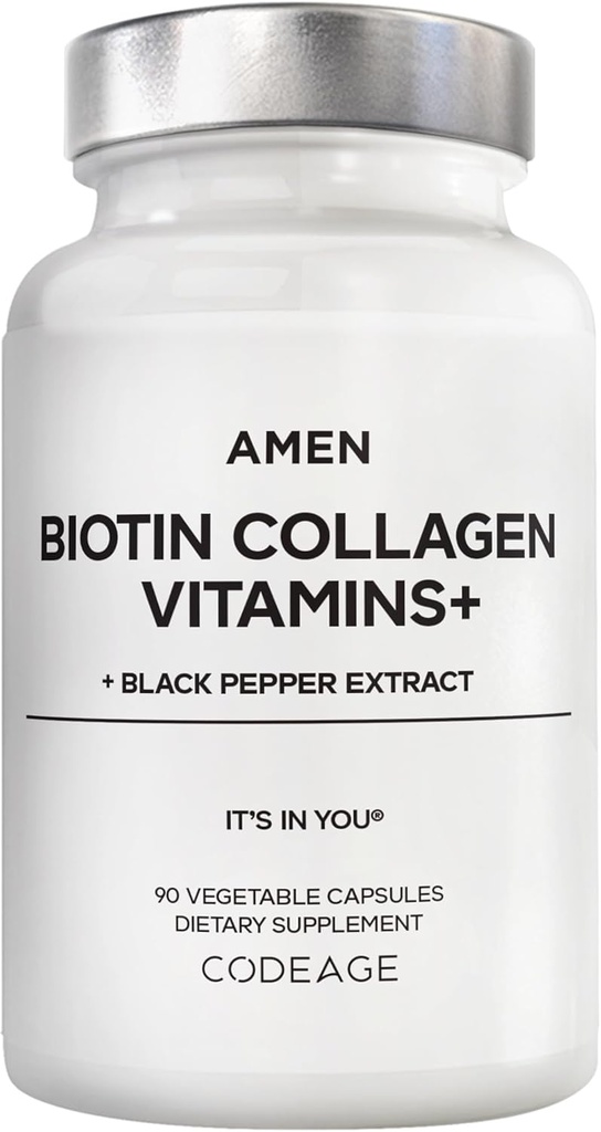 Amen Biotin Collagen Vitamins+ 10.000 mcg Biotin Supplement - Υδρολυμένο κολλαγόνο, Βιταμίνες C & E, Folate, Υαλουρονικό οξύ, κερατίνη, MSM, Saw Palmetto - 3-Month Supply - Μη ΓΤΟ - 90 Κάψουλες