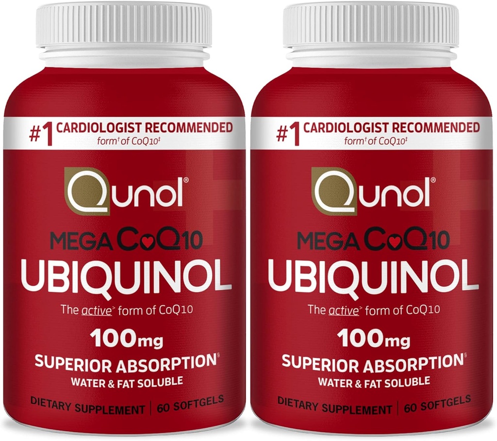 Qunol Mega Ubiquinol Coq10 100mg, Ανώτερη απορρόφηση, Πατενταρισμένο νερό και λίπος Διαλυτό φυσικό συμπλήρωμα Form του συνένζυμου Q10, Αντιοξειδωτικό για την υγεία της καρδιάς, 60 Softgels, Συσκευασία των 2