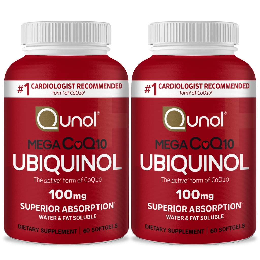 Qunol Mega Ubiquinol Coq10 100mg, Superior Absorption, Patented Water and Fat Soluble Natural Supplement Form of Coenzyme Q10, Antioxidant for Heart Health, 60 Softgels, Pack of 2