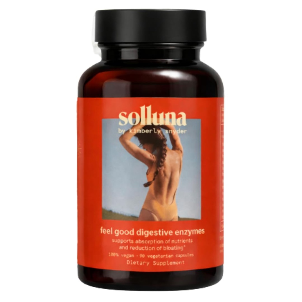 Solluna by Kimberly Snyder Digestive Enzymes Lipase, Amylase, Protease, Alpha-Galactosidase, Cellulase for Digestive Health, Nutrient Absorption, Stomach Pain, Gas & Bloating (90CT) Vegan & Non-GMO