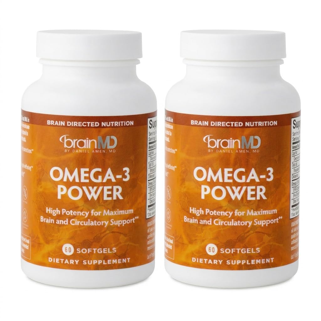 BrainMD Dr Amen Omega-3 Power - 60 Κάψουλες, Συσκευασία των 2 - Κοινή & ανοσοποιητική υποστήριξη συμπλήρωμα - Περιέχει DHA & EPA - Χωρίς γλουτένη - 60 Σύνολο εξυπηρετήσεων