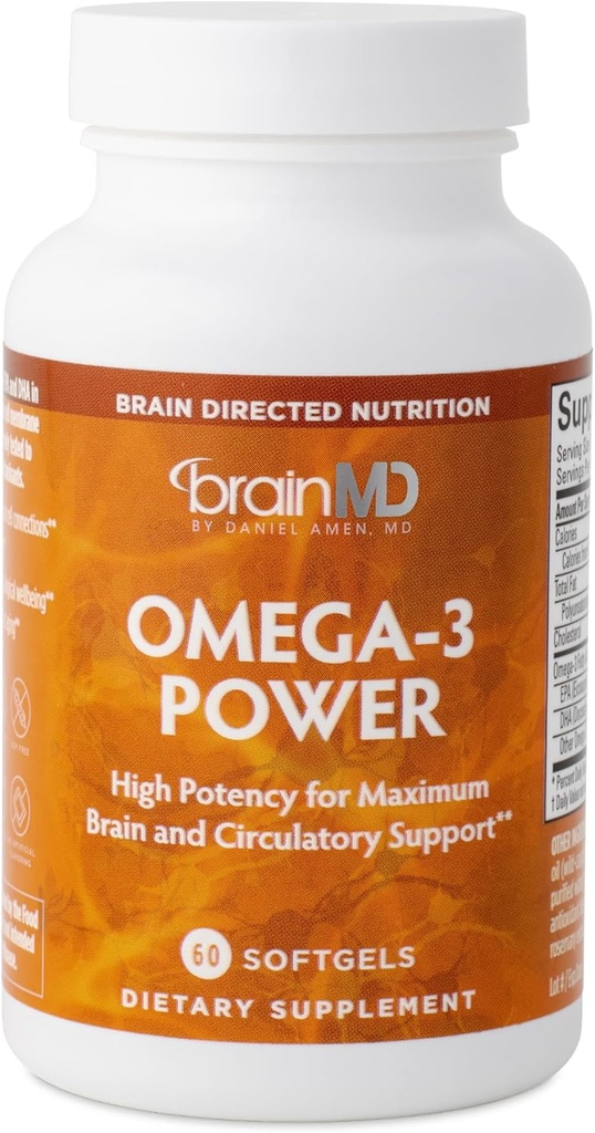 BrainMD Dr Amen Omega-3 Power - 60 Κάψουλες, Συσκευασία των 2 - Κοινή & ανοσοποιητική υποστήριξη συμπλήρωμα - Περιέχει DHA & EPA - Χωρίς γλουτένη - 60 Σύνολο εξυπηρετήσεων