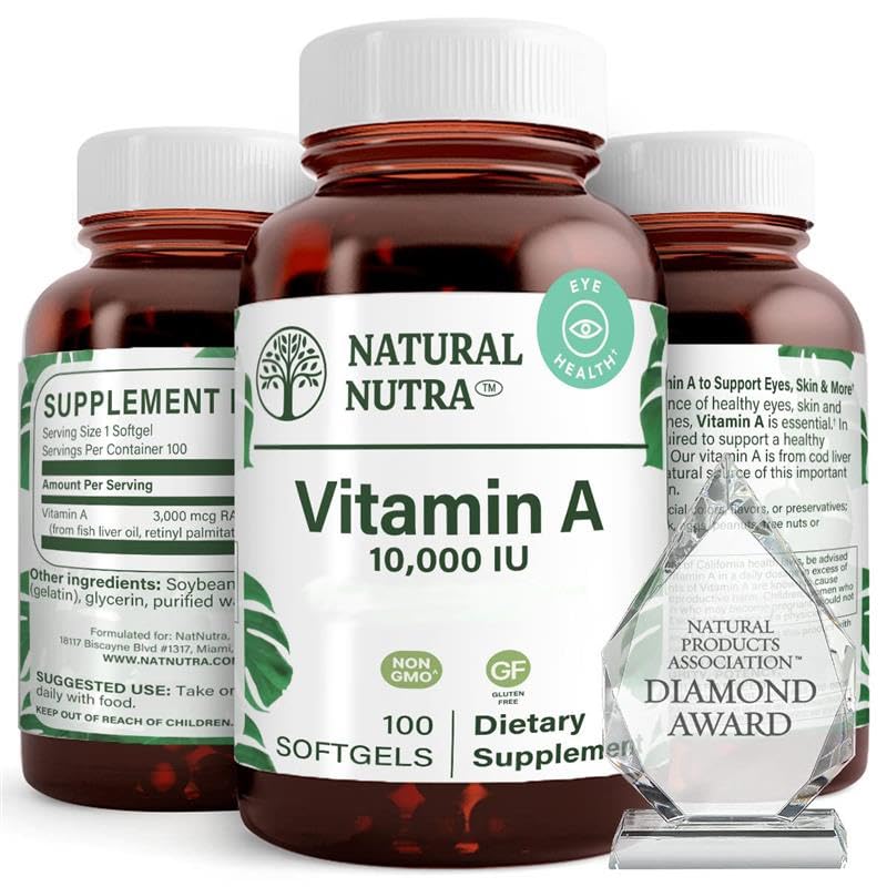 Natural Nutra Vitamin A 10. 000 IU Softgels – Υψηλής ισχύος Βιταμίνες ματιών και δέρματος – Χωρίς γλουτένη - Συμπλήρωμα για την Ορατότητα & την Υγεία του Δέρματος – Λάδι από συκώτι ψαριών για άνδρες και γυναίκες, Χωρίς γλουτένη 100 Softgels (2 Συσκευασία)