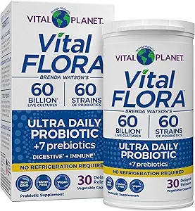 Vital Planet - Vital Flora Ultra Daily Probiotic 60 Billion CFU, 60 Diverse Strains, 7 Organic Prebiotics, Immune Support, Digestive Health Ράφι Σταθερά Προβιοτικά για γυναίκες και άνδρες 30 Κάψουλες