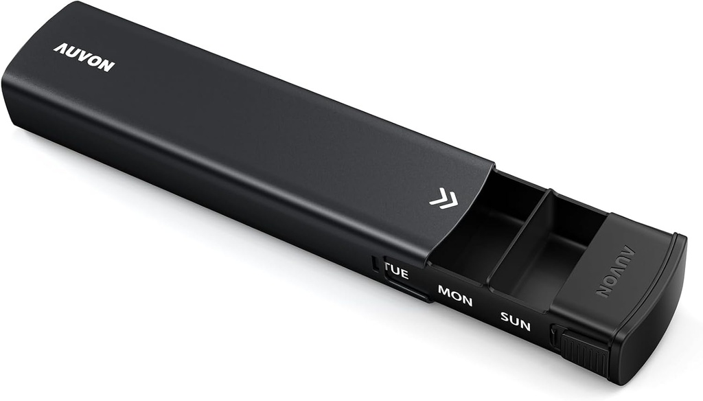 AUVON Metal Weekly Pill Organizer with Slide Design, Tylish Travel Pill Box 7 Day for Privacy Protection, Aluminum Alloy Pill Case with Large Compartment for Supplements, Fish Oil (Black)