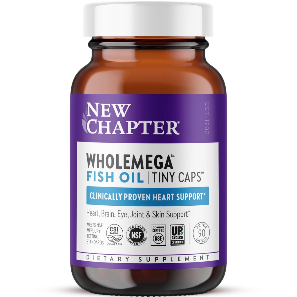 New Chapter Wholemega Fish Oil Supplement, Tiny Capsules, 2000mg per Serving, Clinically Proven Wild Alaskan Salmon Oil with Omega-3 + Vitamin D3 + Astaxanthin, 500mg Each - 90 Count