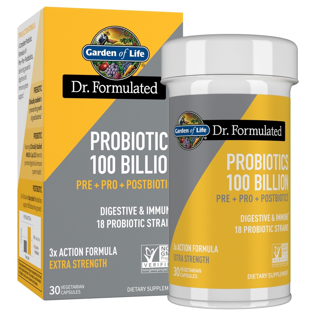Garden of Life Dr. Formulated Pre, Post & Probiotics 100 Billion CFU Once Daily 3-in-1 Complete Probiotics, Prebiotics & Postbiotics Supplement for Women and Men – Extra Strength, 30 Day Supply