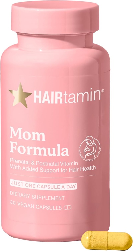 HAIRtamin MOM Vegan Προγεννητική & μεταγεννητική Multivitamin συμπλήρωμα & Βιταμίνη μαλλιών Εγκυμοσύνη, επιλόχειο, Θηλασμός Προβιοτική Μία-μία-ημέρα Βιταμίνες μαλλιών με βιοτίνη, ψευδάργυρο, σίδηρο (30 κόμητες)