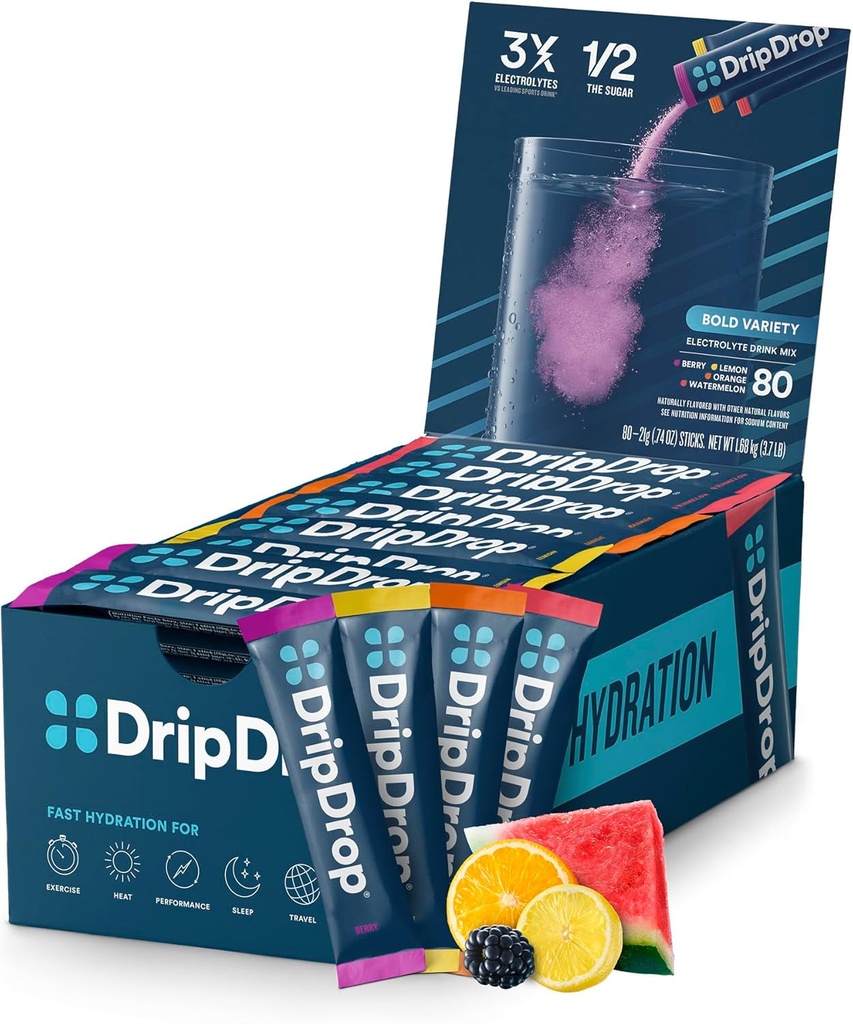 DripDrop Hydration Packets - Τολμηρή Ποικιλία Pack - Ενιαία Σερβίρετε Ηλεκτρολύτες Σκόνη Μείγμα Ποτού - Καρπούζι, μούρο, λεμόνι, πορτοκάλι - Μη ΓΤΟ, Χωρίς γλουτένη, Vegan - 80 Sticks