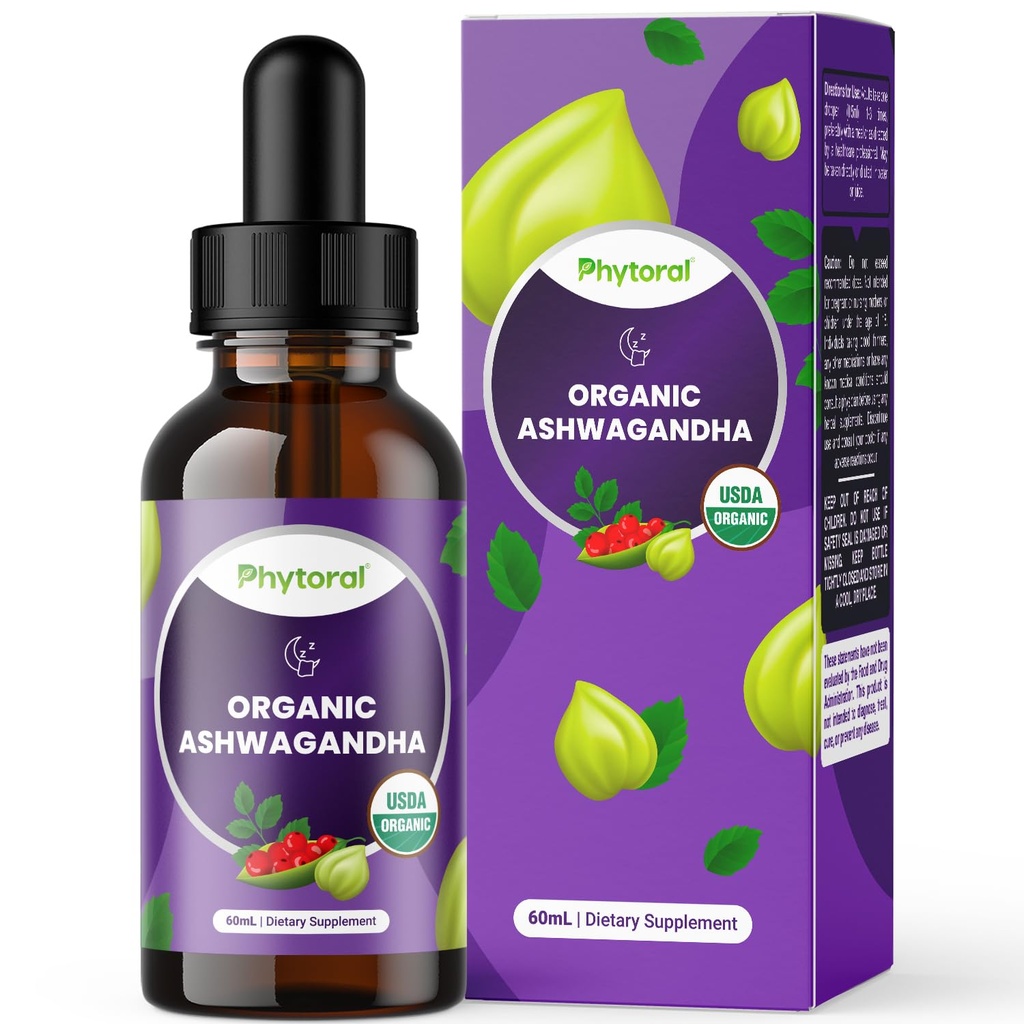 Phytoral Organic Ashwagandha Liquid Drops for Adults - Poent Liquid Ashwagandha Root Extract for Energy and Mood Support - Βάμμα Vegan Non-GMO Gluten & Alcohol-Free (120 Services)