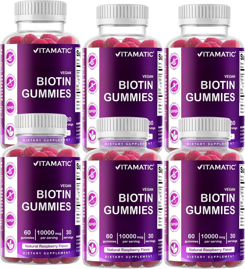 Vitamatic Biotin Gummies 10.000 mcg για ισχυρότερα μαλλιά, δέρμα & νύχια - 60 Vegan Gummies - Επίσης ονομάζεται βιταμίνη B7 (6 μπουκάλια)