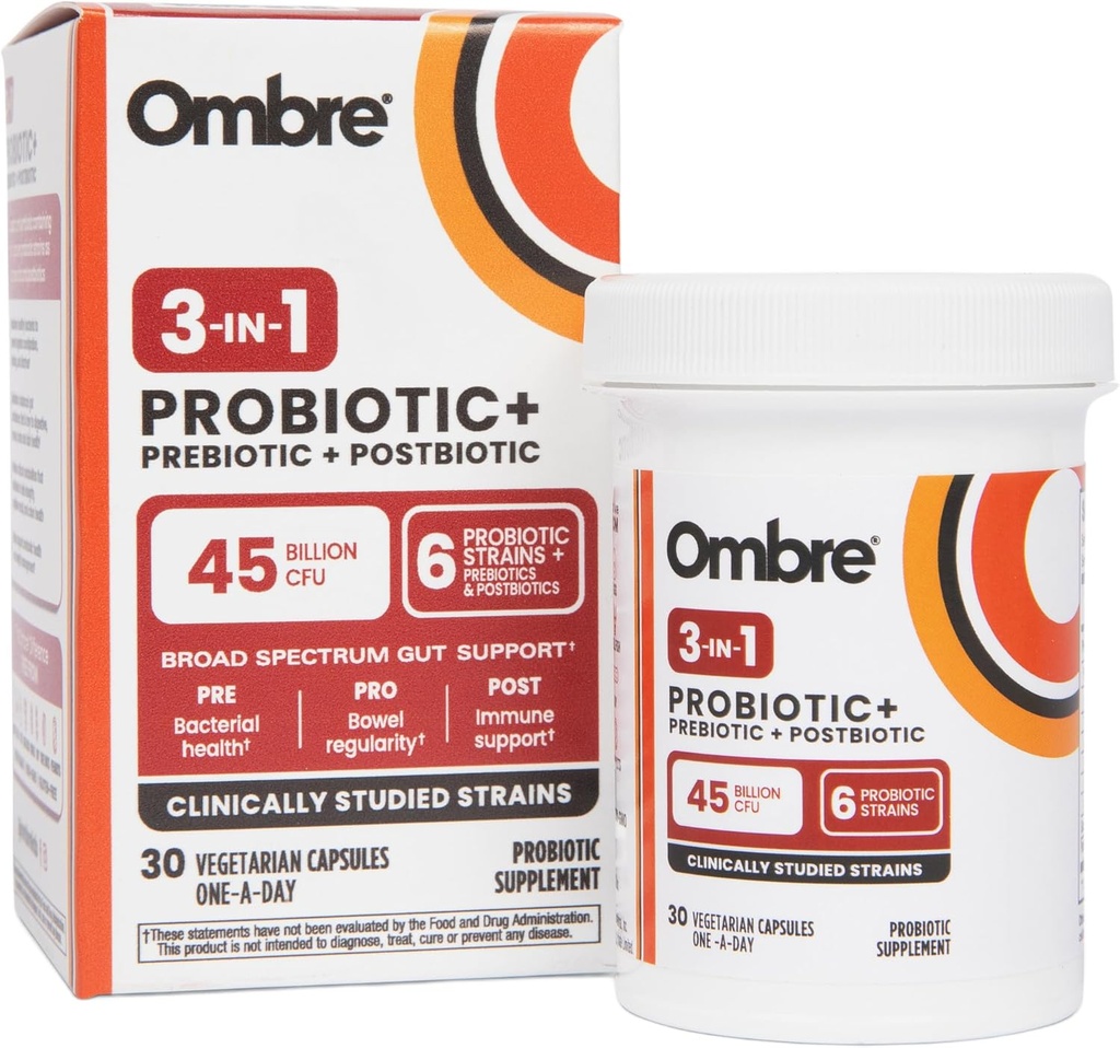 Ombre 3-in-1 Probiotic, Prebiotic και Postbiotic for Digestive Health & Gut Health - 45 Billion CFU - Bloating, Constipation & Gas Relief - Μεταβολική & Ανοσολογική Υποστήριξη για Γυναίκες & Άνδρες, 30 Day Supply
