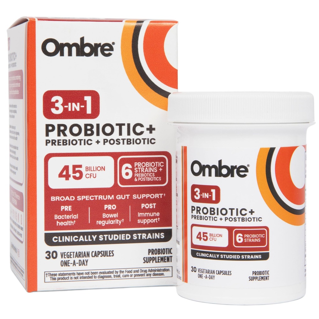 Ombre 3-in-1 Probiotic, Prebiotic και Postbiotic for Digestive Health & Gut Health - 45 Billion CFU - Bloating, Constipation & Gas Relief - Μεταβολική & Ανοσολογική Υποστήριξη για Γυναίκες & Άνδρες, 30 Day Supply
