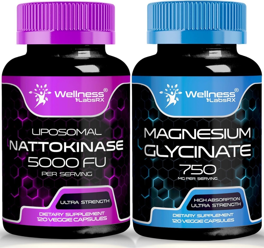 WELNESS LABSRX Nattokinase Συμπληρωματικές κάψουλες - 5000 FU - Μαγνήσιο Γλυκινικό Κάψουλες 750 MG