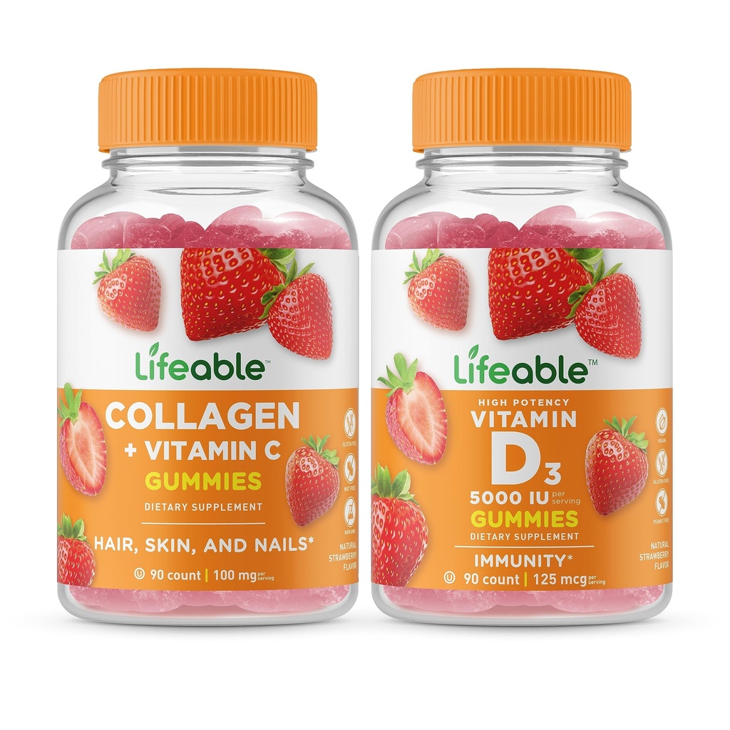 Lifeable Collagen & Vitamin C + Vitamin D 5000 IU, Gummies Bundle - Great Tasting, Vitamin Supplement, Gluten Free, GMO Free, Chewable Gummy