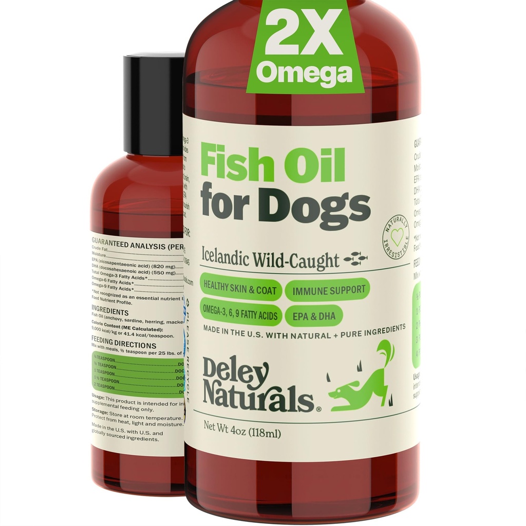Deley Naturals Fish Oil Σκύλος Ισλανδικό 2X Omega - Dog Icing Skin Relief με Ωμέγα 3 6 9 για Αλλεργίες, Παλτά & Καρδιά - Omega 3 Fish Oil για Σκύλους Ερεθισμός - 4oz Omega Oil για Σκύλους Made in USA