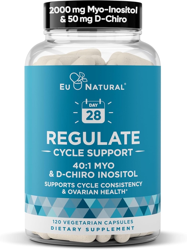 Regulate Cycle Support – Hormone Balance for Women at Optimal 40:1 Myo-Inositol 2000 mg & D-Chiro Inositol 50 mg – Supplement for Period Consistency, Menstrual & Ovulation Support – 120 Vegan Capsules