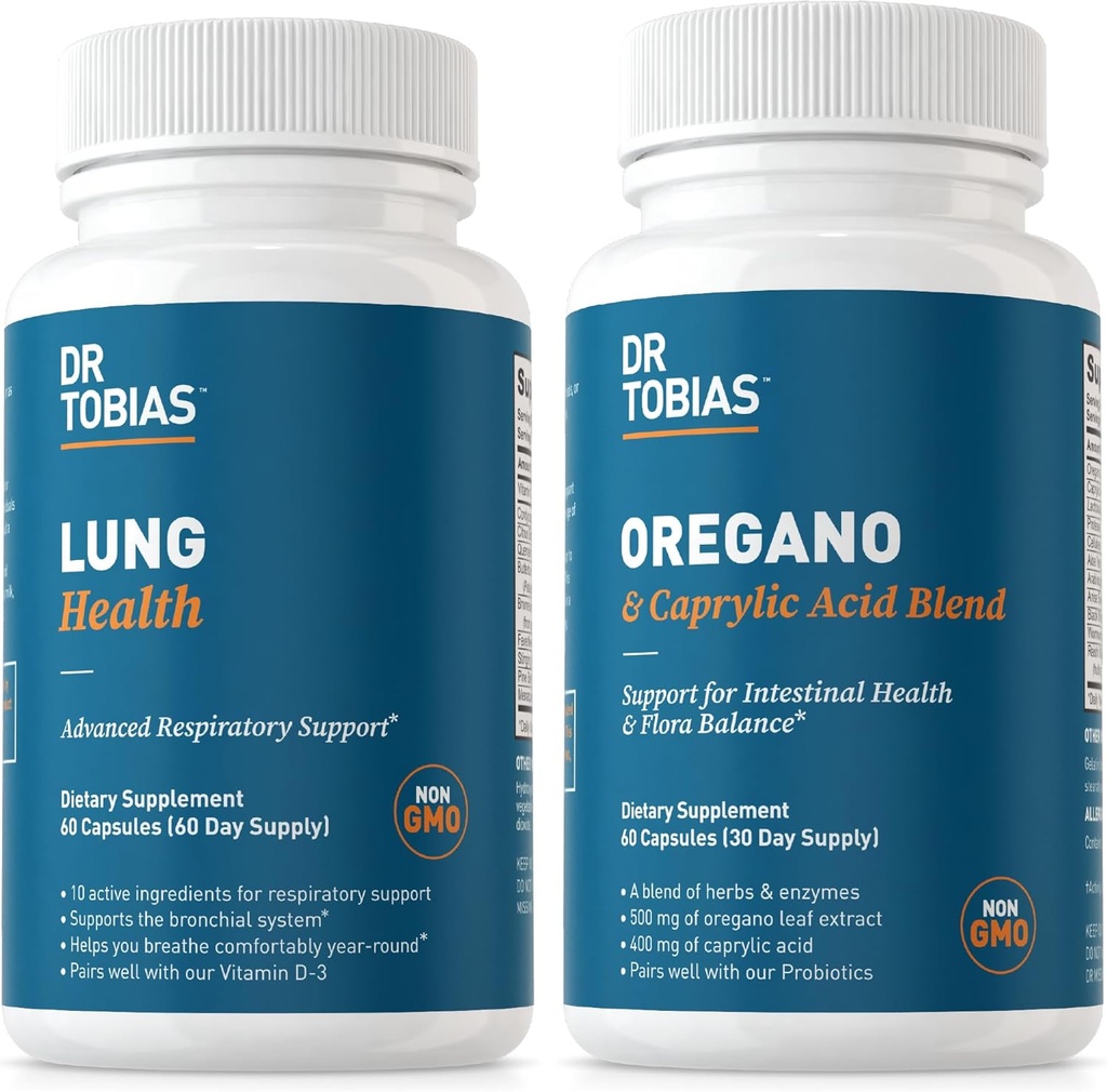 Dr. Tobias Lung Health and Oregano & Caprylic Acid Blend, Υποστηρίζει τον καθαρισμό των πνευμόνων & Detox, Εντερική Υγεία, Ανοσολογική Υποστήριξη με Πρεβιοτικά & Βότανα για γυναίκες & άνδρες