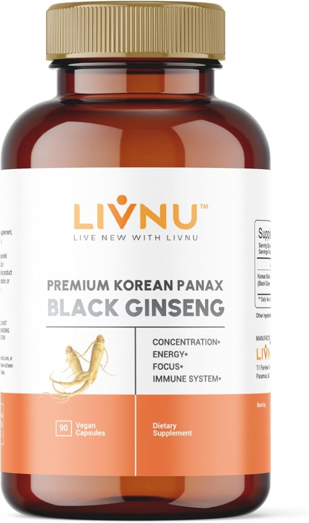LivNu | Premium Korean Black Panax Ginseng | High Ginsenosides for Energy, Focus, Performance, Stamina, and Immune Support | Vegan Pills
