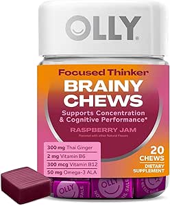 OLLY Focused Thinker Brainy Chews, Ωμέγα-3 ALA, Βιταμίνες B6 & B12, Plus Thai Ginger Extract for Alertness, Catherin & Γνωστική Υποστήριξη Απόδοσης, Χορτοφαγικά, Βατόμουρο, 20 Count
