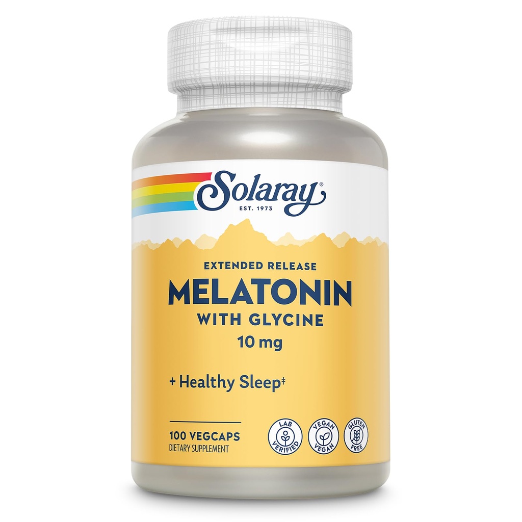 SOLARAY Μελατονίνη 10mg με Γλυκίνη - Εκτεταμένη Απελευθέρωση, Υγιεινή Βοήθεια Ύπνου και Χαλαρωτική Υποστήριξη - Εργαστήριο Επαληθευμένο, Vegan, Χωρίς Γλουτένη, 60-Day Εγγύηση - 100 Μερίδες, 100 VegCaps