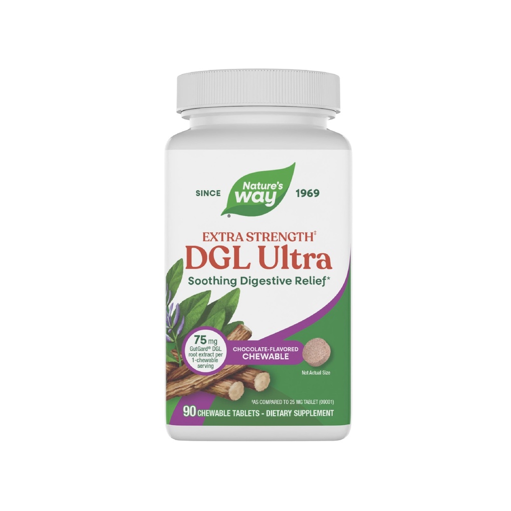 Nature's Way DGL Ultra Extra Strength**, Premium εκχύλισμα ρίζας γλυκόριζας, Καταπραϋντικό Digestive Relief*, με Gutgard, Vegan & Gluten Free, Σοκολάτα Γεύση, 90 Μασώμενα δισκία (Packaging May Vary)