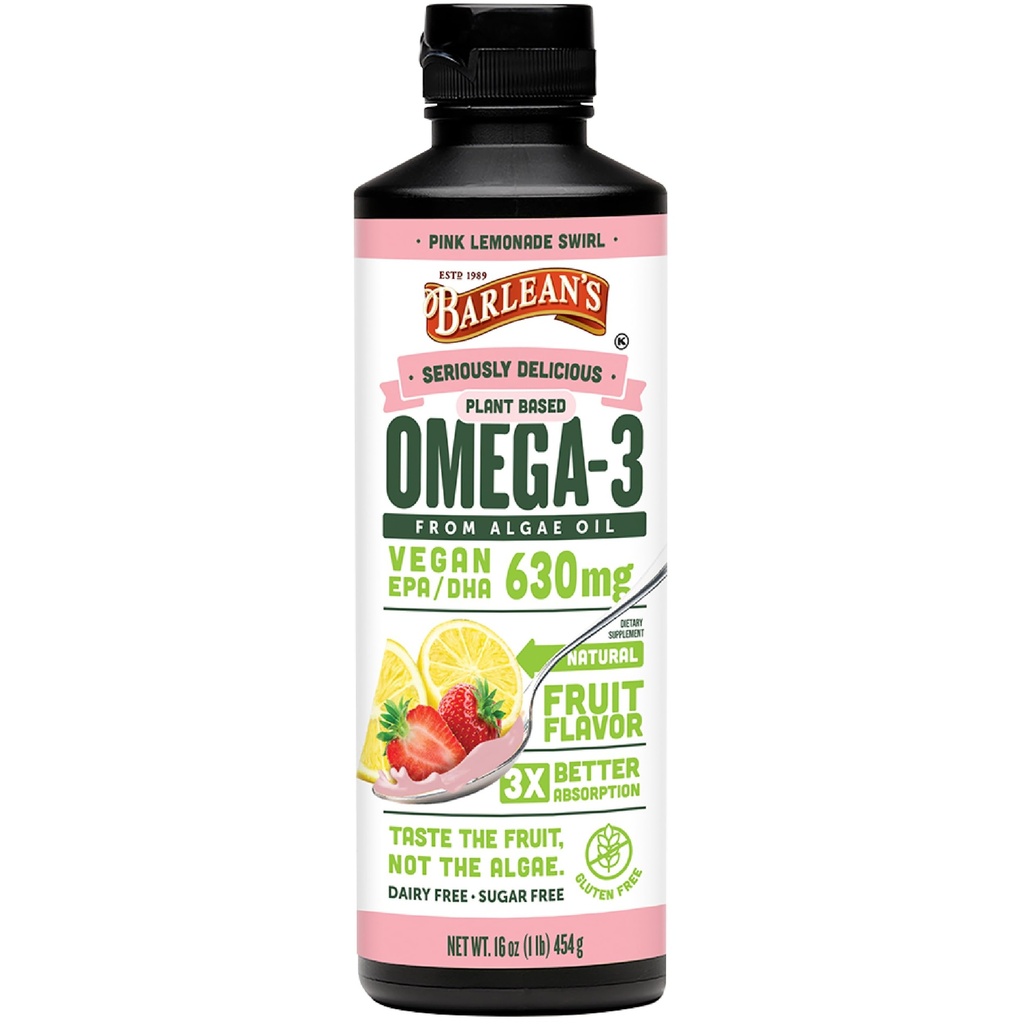 Barlean's Pink Lemonade Vegan Omega 3 Supplement, Liquid Algae Oil with 630 mg EPA & DHA, Plant Based Omegas from Algal Oil, Non-GMO & Gluten Free, 16 oz