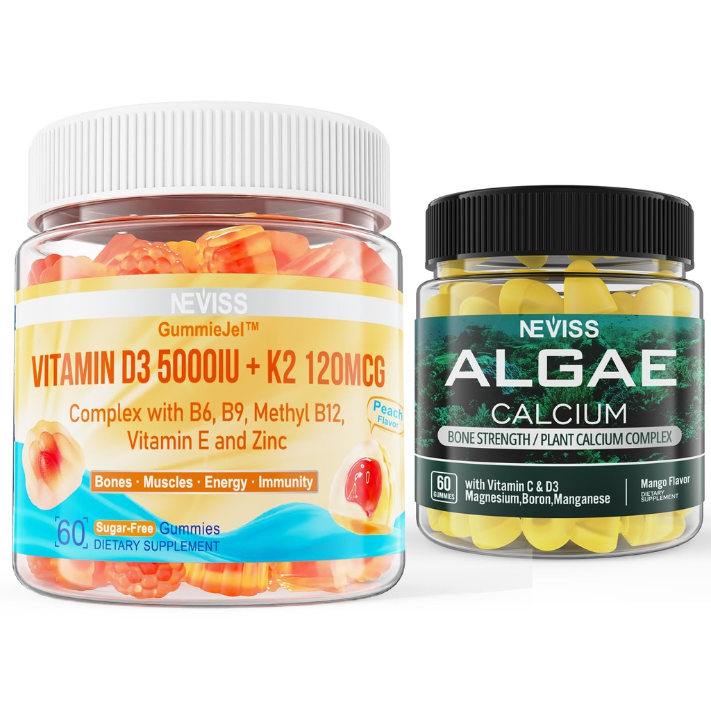 NEVISS D3 5000IU K2 Gummies + δέμα με γκοφρέτες ασβεστίου θαλάσσιων αγκώνων
