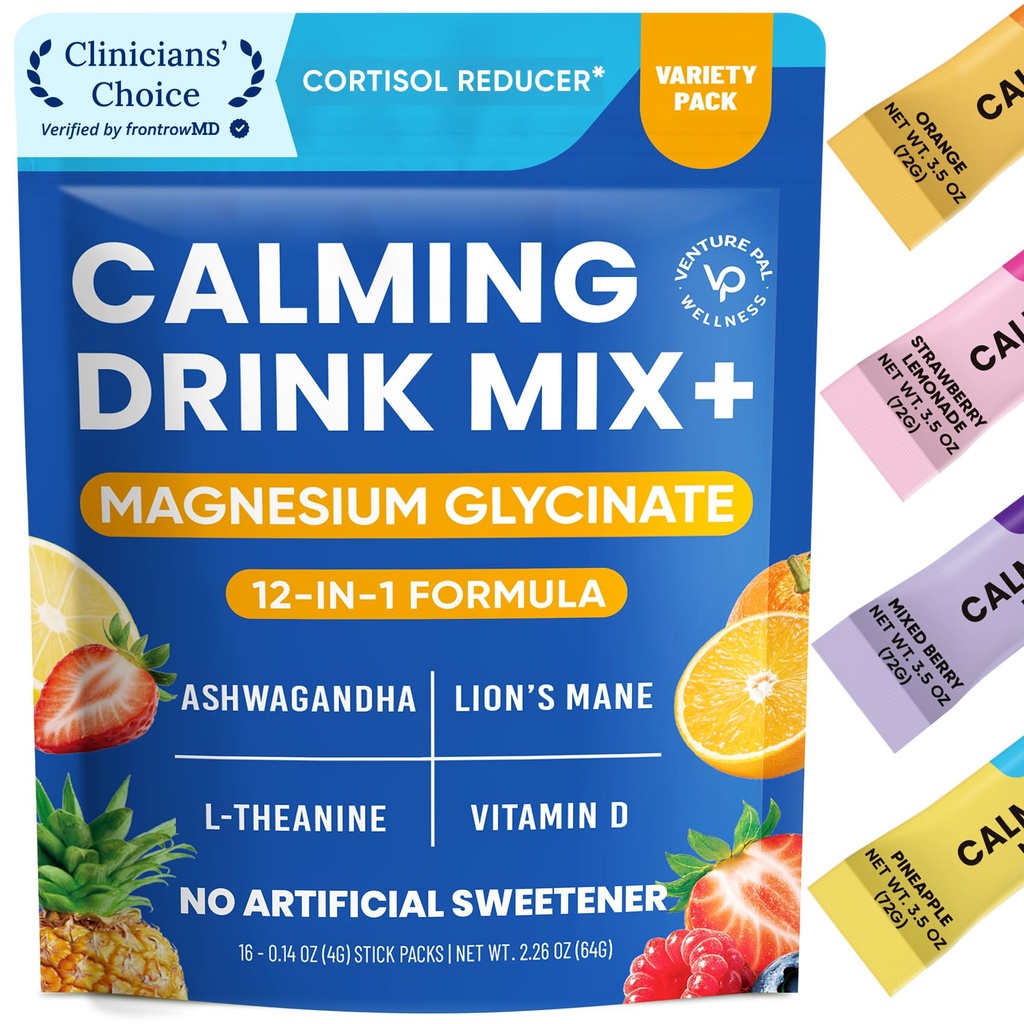 Venture Pal Calm Drink Mix, 12-in-1 Cortisol Reducer and Sleep Aid with Magnesium Glycinate, Ashwagandha, L-Theanine,Vitamin D, Calm Magnesium Powder for Relax & Focus, No Sugar, Non GMO