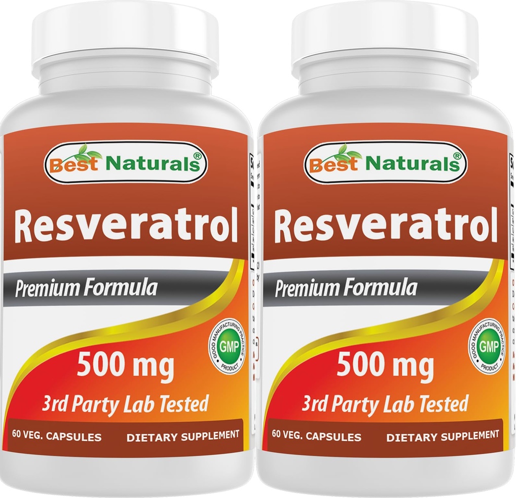 Best Naturals 2 συσκευασίες Resveratrol Complex 500 mg 60 κάψουλες Veg Made with Grape Skin, Red Wine, Quercetin - Gluten Free & Non GMO - (Σύνολο 120 κάψουλες)