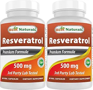 Best Naturals 2 συσκευασίες Resveratrol Complex 500 mg 60 κάψουλες Veg Made with Grape Skin, Red Wine, Quercetin - Gluten Free & Non GMO - (Σύνολο 120 κάψουλες)