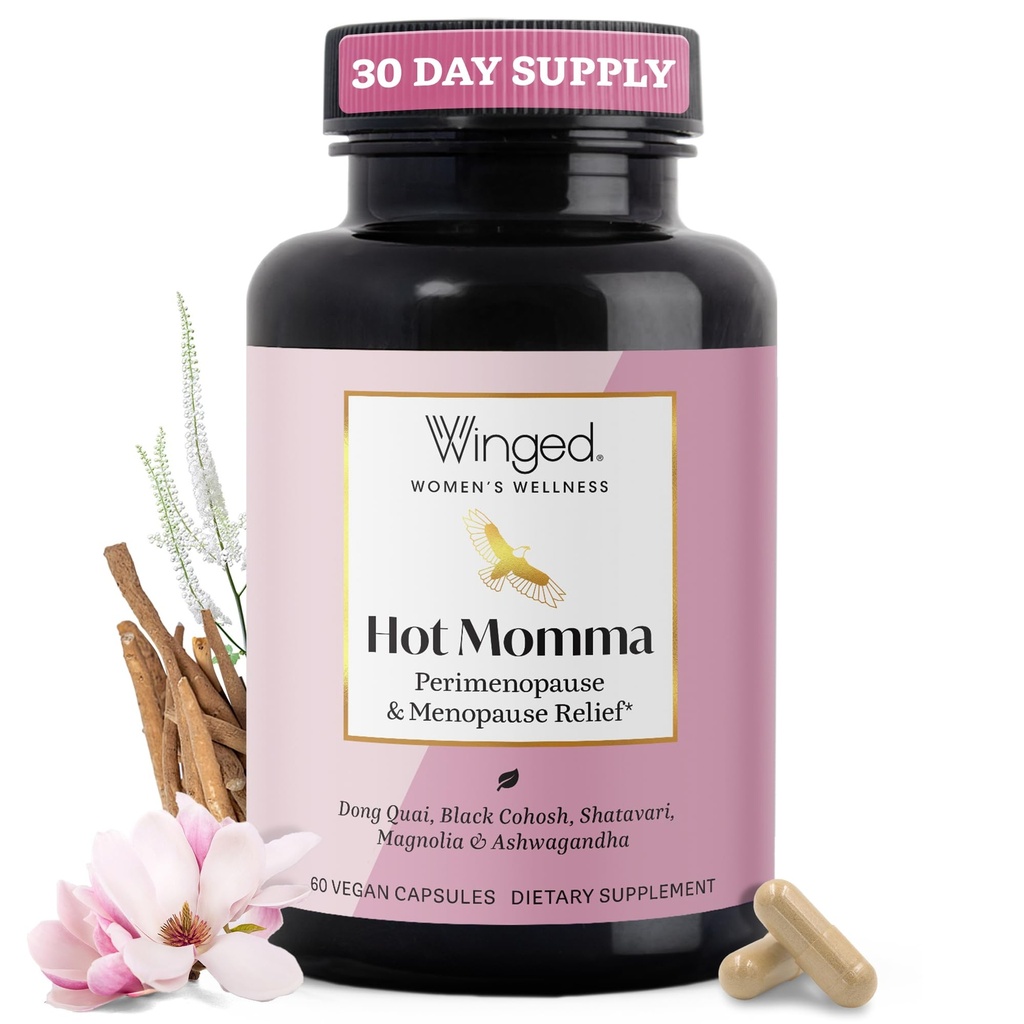 Winged Wellness Hot Momma Menopause Supplements for Women - Hormone-Free Menopause Relief Support for Hot Flashes & Night Sweats with Chaste Tree Berry, Multivitamins & Shatavari - 60 Vegan Capsules