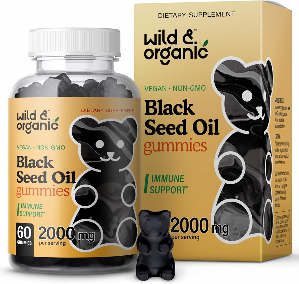Άγρια & οργανικά μαύρο έλαιο σπόρων Gummies 2000mg - δέρμα μαλλιών και νύχια Υποστήριξη w / Cumin Oil - Nigella Sativa - μαύρο gummies σπόρων για την ασυλία - 60 Ωμέγα 3 6 9 μάσημα