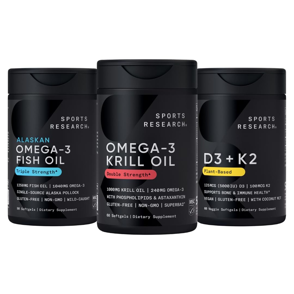 Sports Research Antarctic Krill Oil Omega 3 1000mg (Double Strength) with Phospholipids, Choline & Astaxanthin, Triple Strength Omega 3 Fish Oil Single-Source Wild Alaska Pollock 1250mg, Vitamin D3 K2