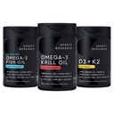 Sports Research Antarctic Krill Oil Omega 3 1000mg (Double Strength) with Phospholipids, Choline & Astaxanthin, Triple Strength Omega 3 Fish Oil Single-Source Wild Alaska Pollock 1250mg, Vitamin D3 K2