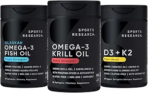 Sports Research Antarctic Krill Oil Omega 3 1000mg (Double Strength) with Phospholipids, Choline & Astaxanthin, Triple Strength Omega 3 Fish Oil Single-Source Wild Alaska Pollock 1250mg, Vitamin D3 K2