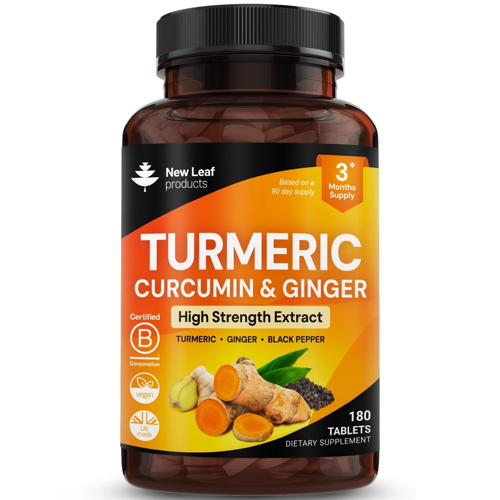 Turmeric Tablets with Black Pepper & Ginger - Κουρκουμίνη - 180 Turmeric and Black Pepper Tablets (3 Μήνας) High Strength Active Turmeric Supplements Not Capsles, by New Leaf