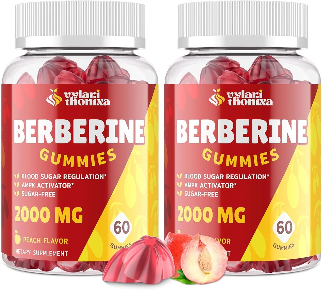 2000mg Berberine Supplement Gummies - High Potency Berberine with Ceylon Cinnamon Candy, Turmeric, Magnesium, Chromium - Sugar Free, Vegan, Non-GMO, Gluten-Free - Peach Flavor 60 Gummies - 2 Pack