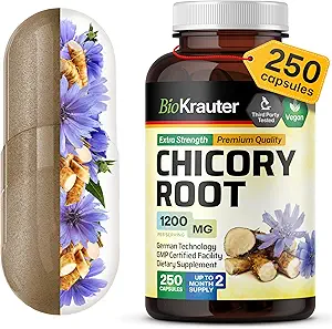BIO KRAUTER Chicory Fiber Supplement - 1200 mg Δύναμη - 250 Count - Chicory Root Powder - κάψουλες ινουλίνης για Digestive Support - Vegan