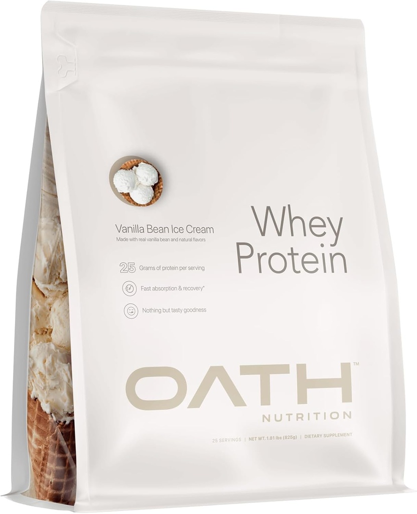 OATH NUTRITION Whey Protein Powder, Vanilla Bean Ice Cream, 25 γραμμάρια πρωτεΐνης και μόνο 1 γραμμάριο ζάχαρη ανά σερβίροντας, 2 lbs, 25 σερβίτσια
