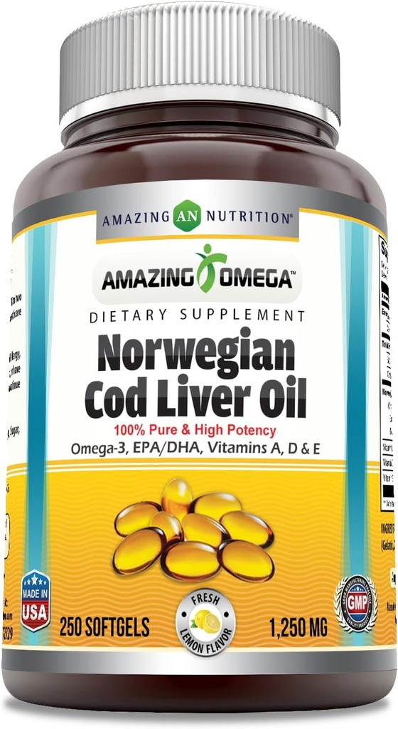 Amazing Omega Norwegian Cod Liver Oil 1250 Mg Softgels Supplement | Omega-3, EPA, DHA, Vitamin A, Vitamin D & Vitamin E (Lemon | 250 Count)