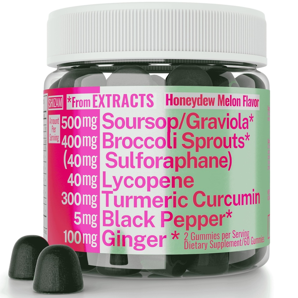 Soursop Graviola Curcumin Lycope Broccoli Spruts Sulforafane Extract Gummies with Turmeric Curcumin Ginger Black Pepper, Sour Sop Guyabano Leaf Supplement, Chew Chew Chew Chew Chew Pills Capsules