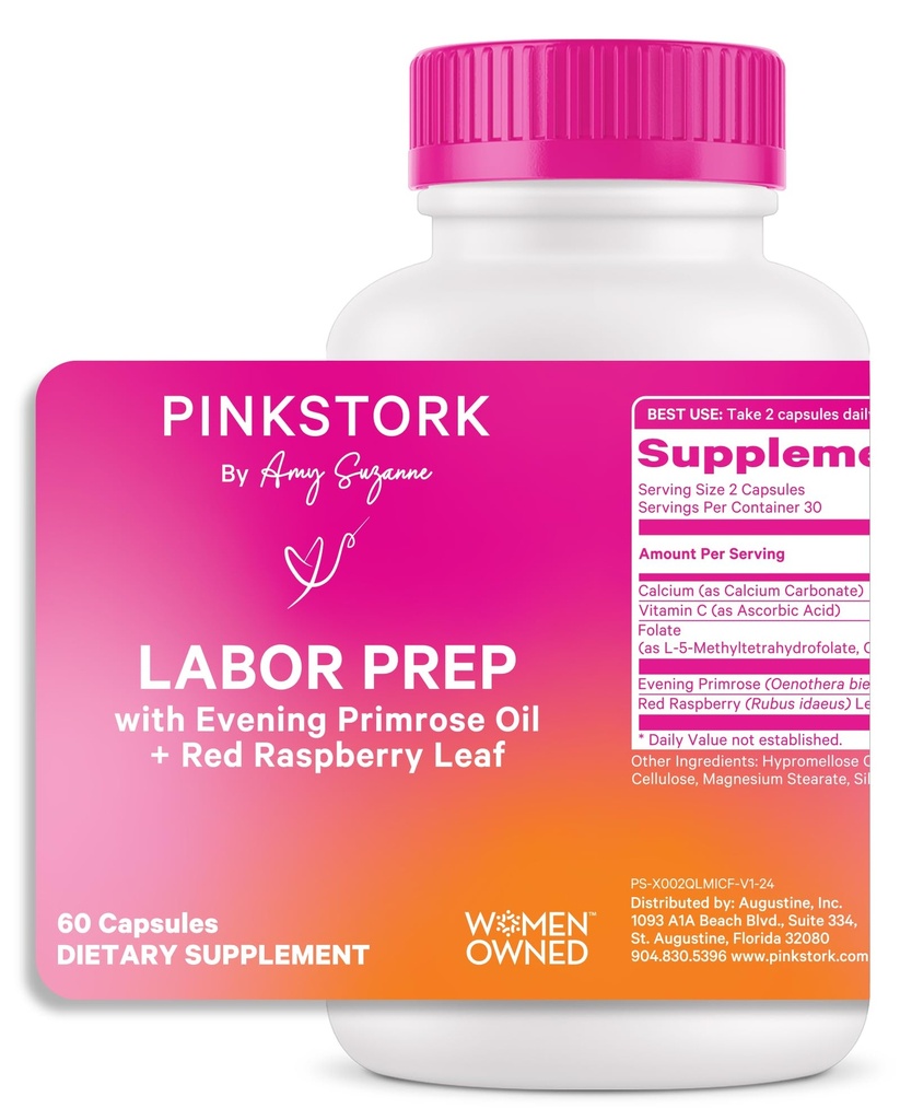 Pink Stork Labor Prep Sup – Evening Primrose Oil & Red Raspberry Leaf για τρίτο Trimester, Gentle Labor & Postpartum Υποστήριξη, Εγκυμοσύνη & Θηλασμός Ασφαλής, 60 Vegan Κάψουλες