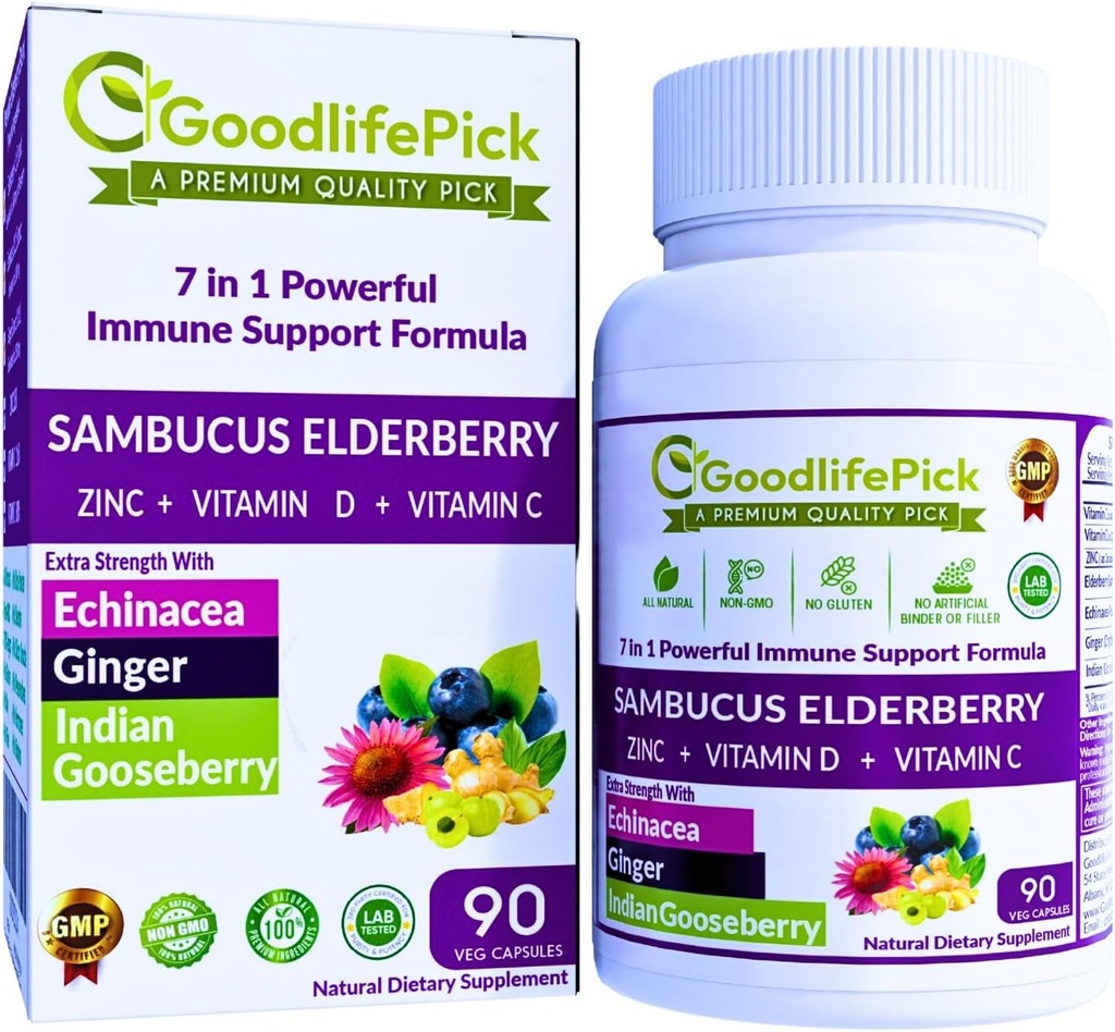 7 σε 1 Elderberry με ZINC, Βιταμίνη C, Βιταμίνη D, Echinacea, Ginger & Indian Gooseberry (Άμλα). Premium κάψουλες Elderberry 90 ct, όλα φυσικά, μη GMO, Vegan, χωρίς σκόνη ρυζιού, χωρίς γλουτένη