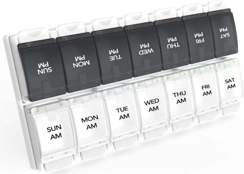 Sukuos AM PM Weekly 7 Day Pill Organizer, 2 φορές A Day Pill Box with Arthritis Friendly Push Button, Medicine Cases for Vitamin/Fish Oil/Supplements, Easy to Clean (Black&White)