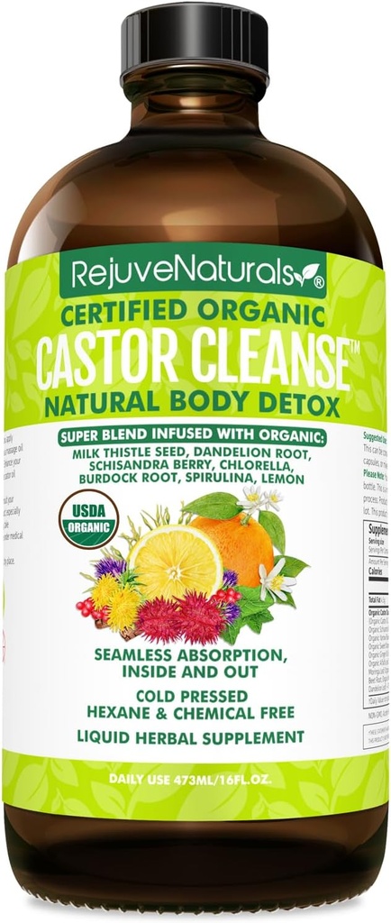 RejuveNatistics Castor CleanseTM - USDA Organic Castor Oil, Chlorella, Spirulina, Roots & Greens for Wellness, Digestive Support, Daily Balance. 3-Month Supply Gut Cleanse Detox for Women & Men - 16oz.
