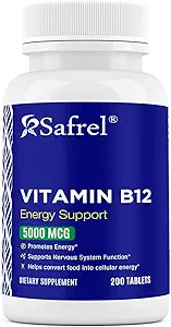 Safrel Vitamin B12 5000 mcg ανά δισκίο, 200 ημέρες προσφοράς, συμπλήρωμα για την ενέργεια, το μεταβολισμό και το νευρικό σύστημα Υποστήριξη για την υγεία, Vegan, χωρίς γλουτένη και χωρίς βαφές 