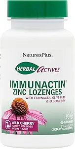 NaturesPlus Herbal Actives ImmunActin Zinc Lozenges - 10 mg Zinc, 60 Vegan Lozenges - Wild Cherry Flavor - Immune Booster with Echinacea & Elderberry - Vegetarian, Gluten-Free - 60 Servings